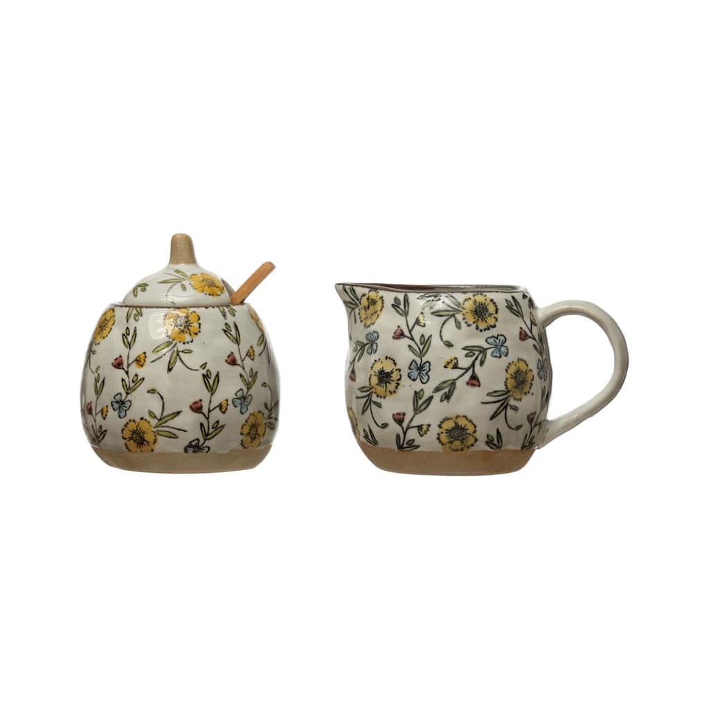 Hand-Painted Stoneware Sugar Pot with spoon and Lid - 9.0"L x 3.5"W x 4.4"H