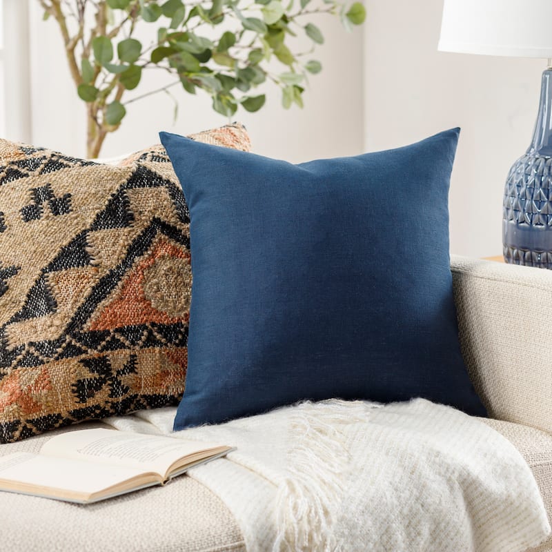 Stevi Linen Solid Color Throw Pillow - 20"H x 20"W - Down - Navy