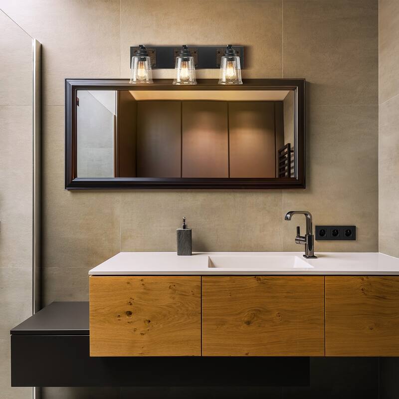 Warsaw 3-Light Matte Black Vanity Light with Dark Faux Wood Accents - one size