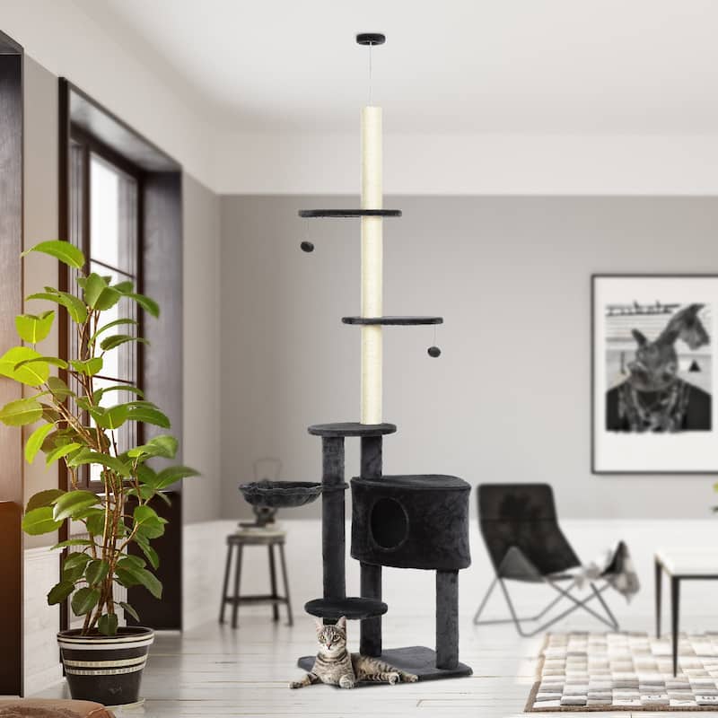 86"-96" Adjustable Cat Tree Tower with Platforms & Ceiling Tension Rod - 21.75" W x 17.75" D x 86.5 - 96.5" H - Dark-Grey