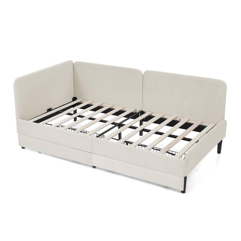 Roomfitters Twin/Full Upholstered Platform Bed with Side Backrest and Underbed Storage Trundle