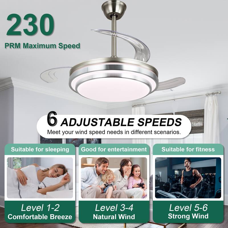Cusp Barn 42 Inch Retractable Ceiling Fan with Lights, Modern Silent DC Motor 6 Speeds Chandelier Ceiling Fan for Bedroom