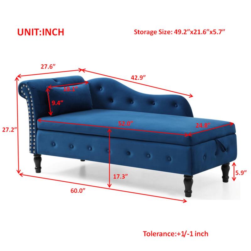Modern 60" Velvet Upholstered Buttons Tufted Chaise Lounge Chair with Solid Wood Legs and Storage