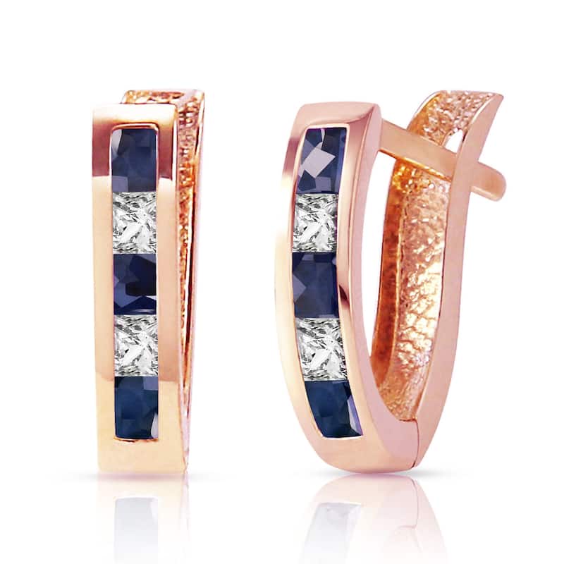 1.26 Carat 14K Solid Gold Sapphire White Topaz Hoop Earrings - Rose