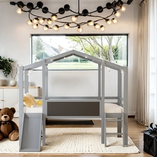 Eye-Catching Design Twin Size Wood Loft Bed, Wood House Shape Bunk