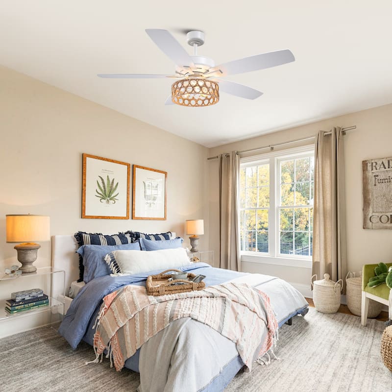 52" Bohemian White 5-Blade Natural Jute Ceiling Fan with Light Kit and Remote