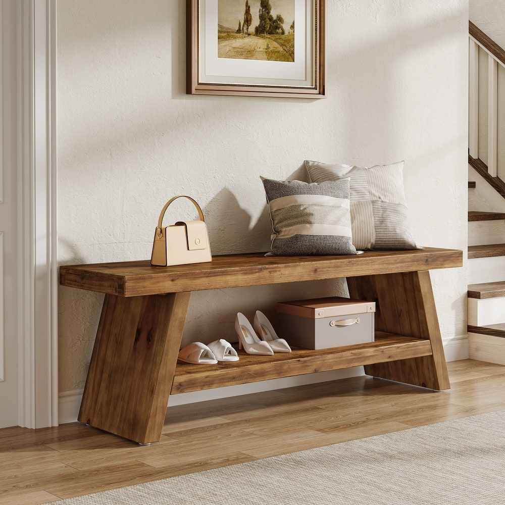 Solid Wood Entryway Bench, 2-Tier Shoe Bench with Open Shelves