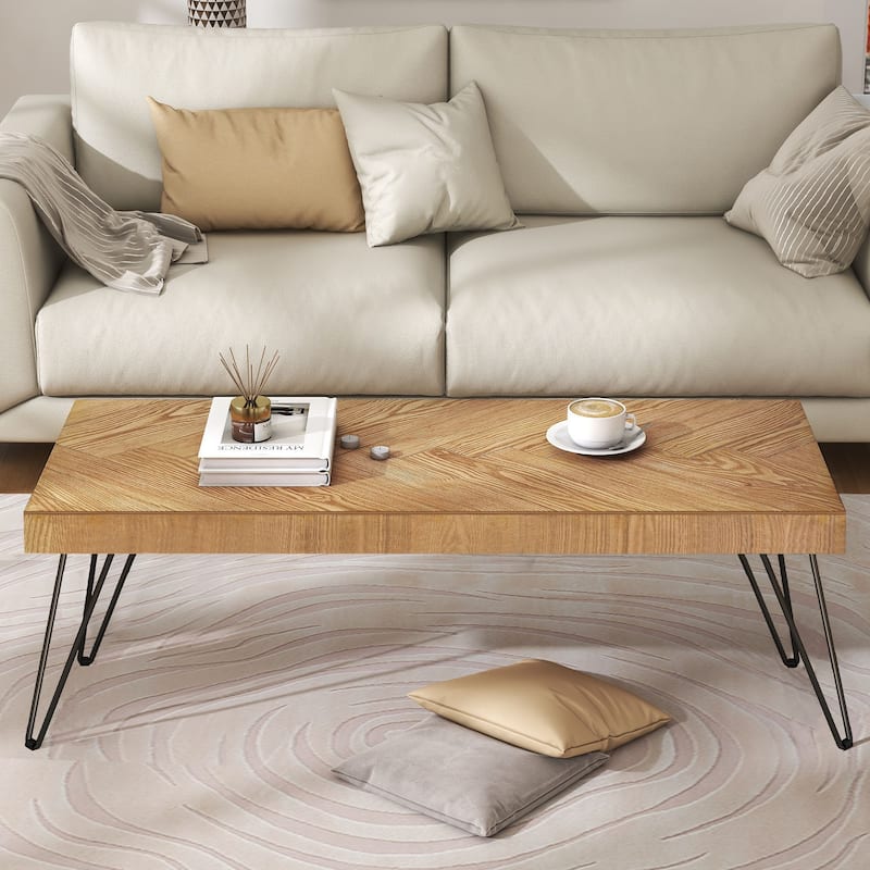 2.7"Thicken Coffee Table with w/Chevron Pattern and Metal Legs
