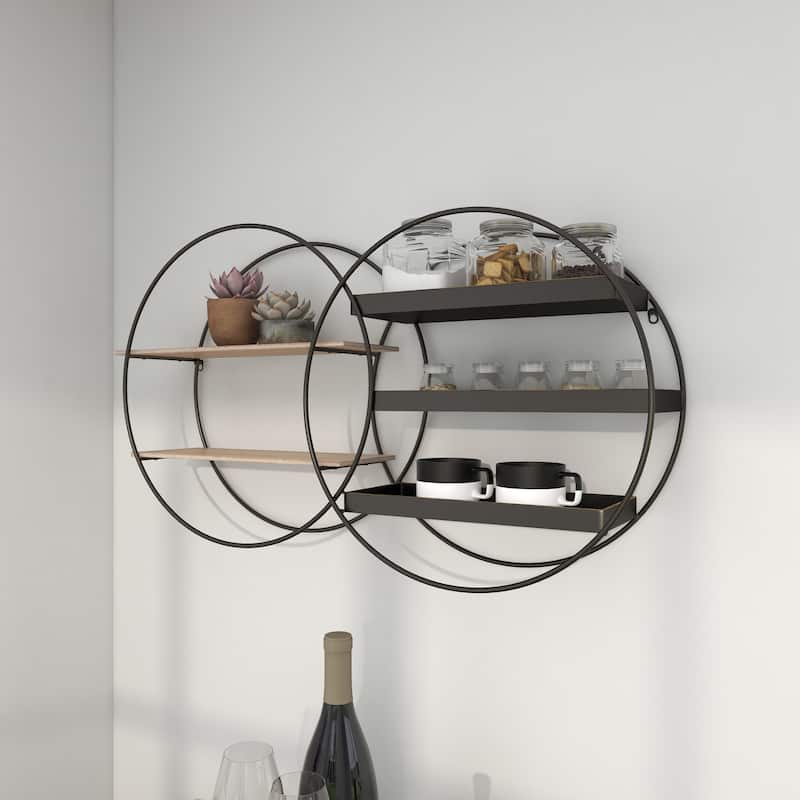 Metal Geometric Overlapping Circle 5 Level Wall Shelf with Wood Accents - Black - Roche River Decor