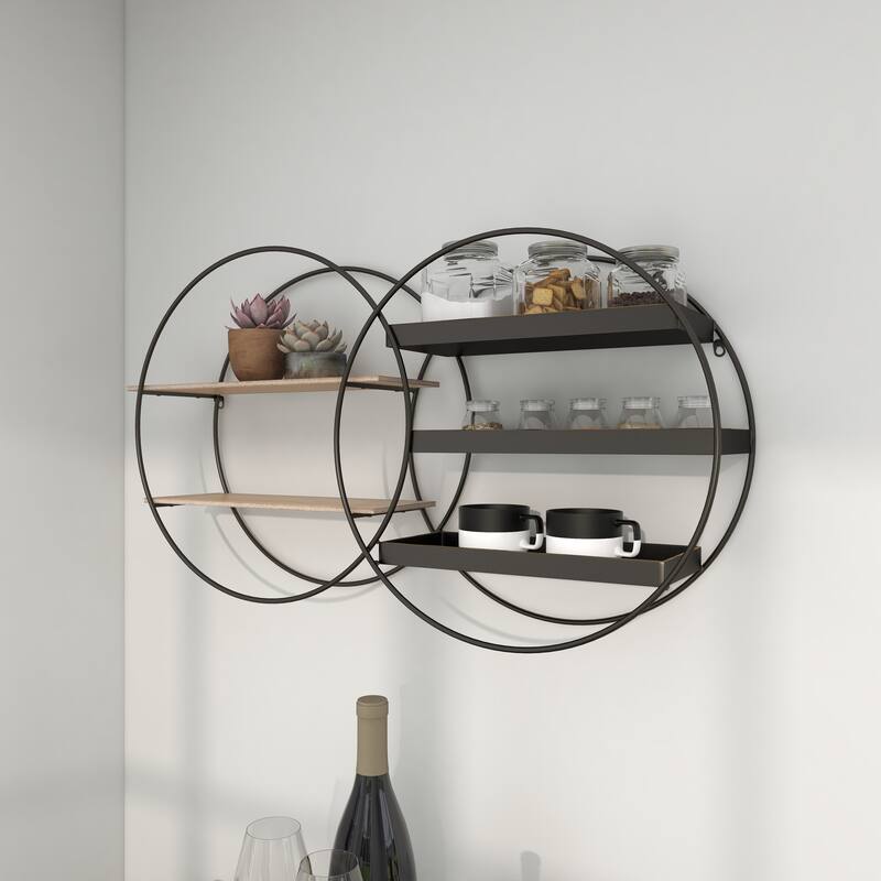 Metal Overlapping Circle 5 Level Geometric Wall Shelf with Wood Accents - Gold or Black