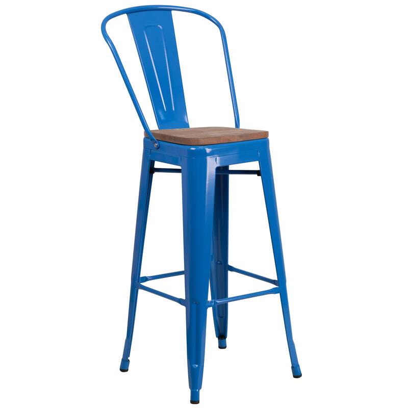 30" High Metal Barstool with Back and Wood Seat - 17.75"W x 20"D x 45.25"H