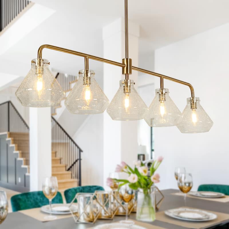 Modern Glam Gold Linear 43-inch Island Farmhouse Dining Chandelier with Art Glass for Bar Kitchen - 43.5"W x 6.3"D x 32"-72"H