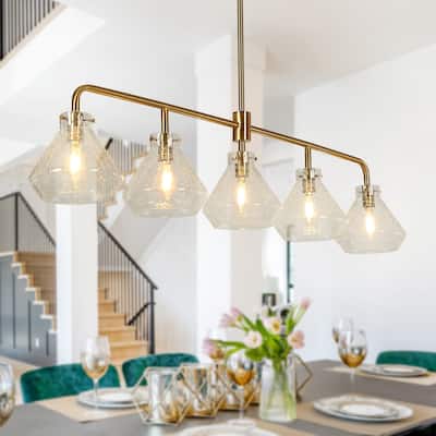 Modern Glam Gold Linear 43-inch Island Farmhouse Dining Chandelier with Art Glass for Bar Kitchen - 43.5"W x 6.3"D x 32"-72"H