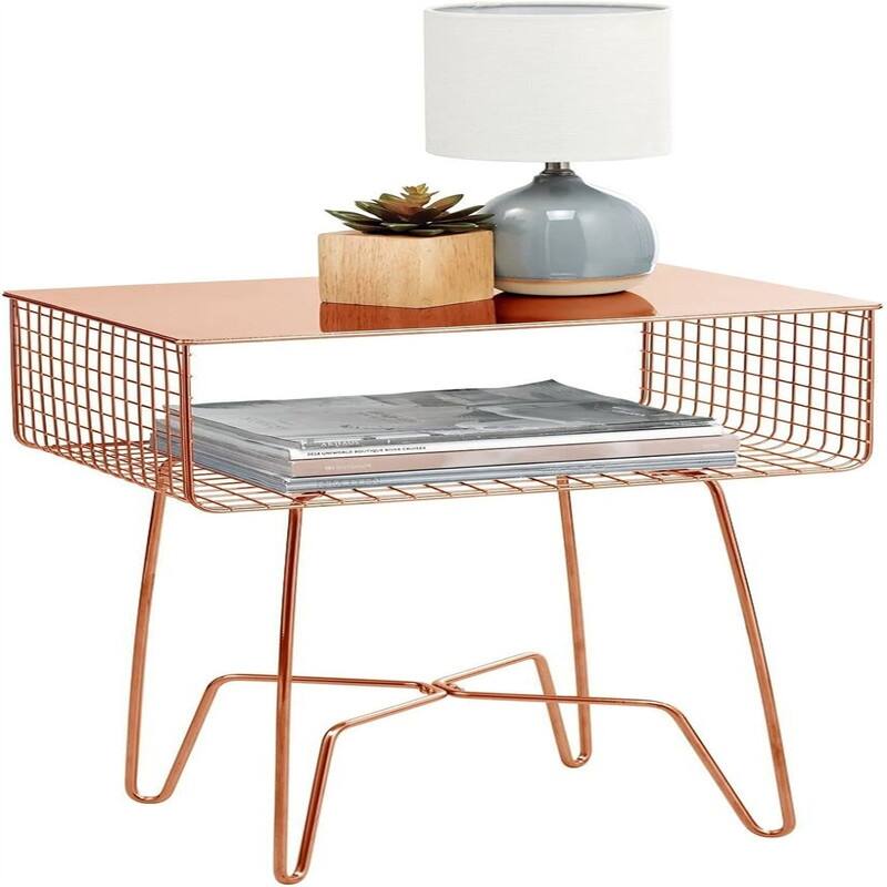 Steel Side Table Nightstand with Storage - 12.75"D x 17.4"W x 22.8"H - Rose Gold