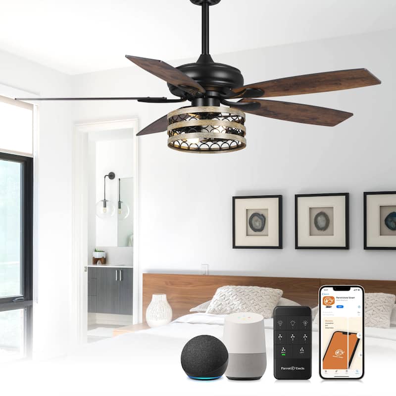52" Farmhouse Walnut Wood 5-Blade Smart Ceiling Fan with Remote, App Control, Voice Control