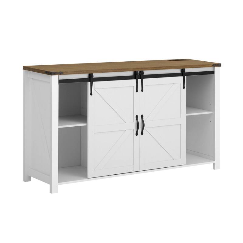 Farmhouse 55.1" Sideboard with Sliding Barn Doors and Storage Drawers, Wood Buffet Table with Power Outlet
