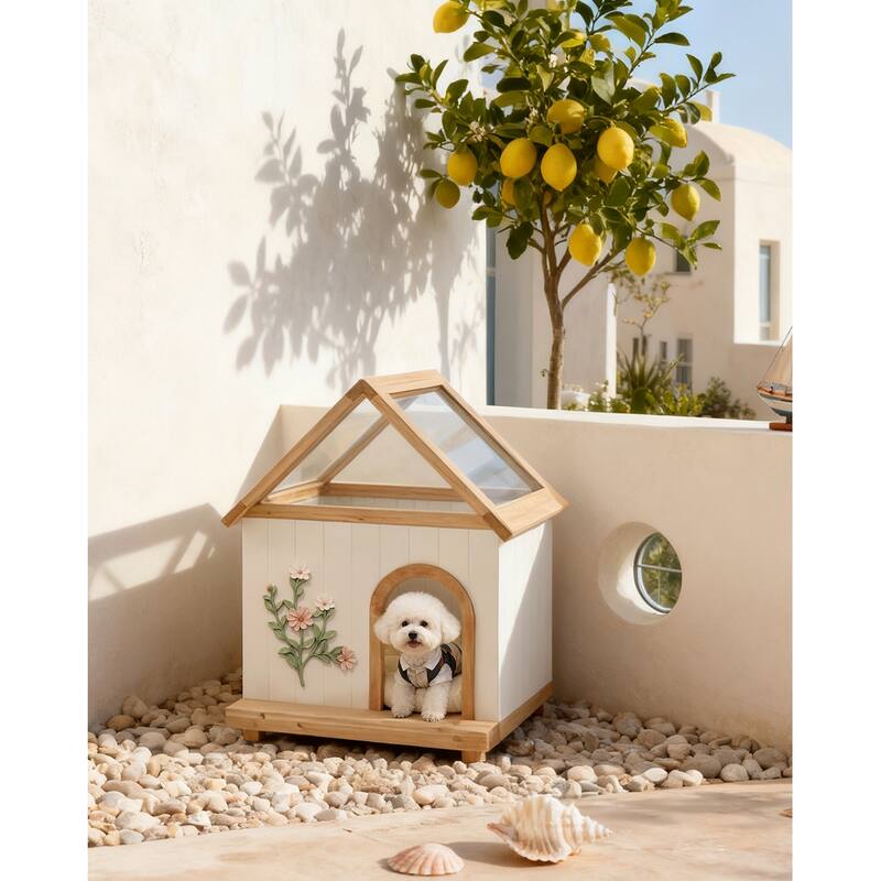 Transparent Roof Pet House with Floral Carving FSC-Certified Cedar Indoor Shelter for Cats