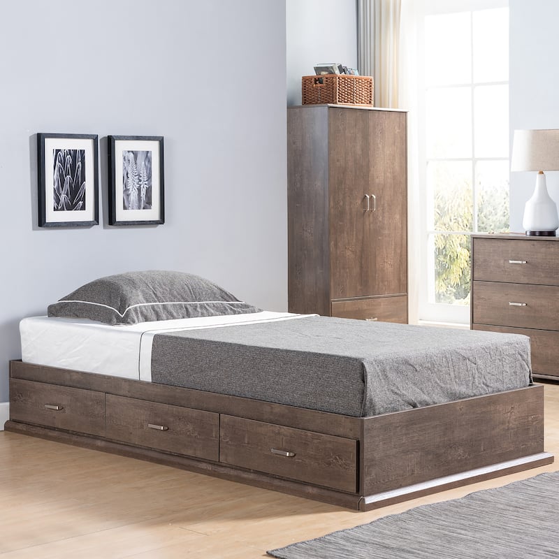 DH BASIC Contemporary 3-Drawer Storage Platform Bed by Denhour - Walnut- Storage Bed Only - Full