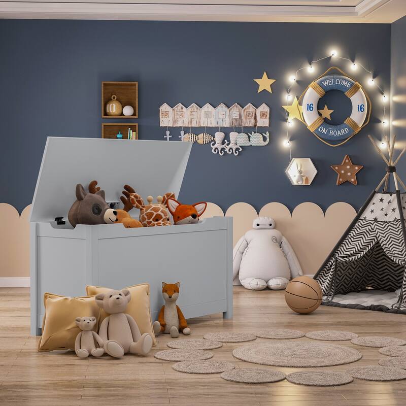 Solid Wood Kids Toy Box with Safety Hinged Lid for Ages 3 - Grey