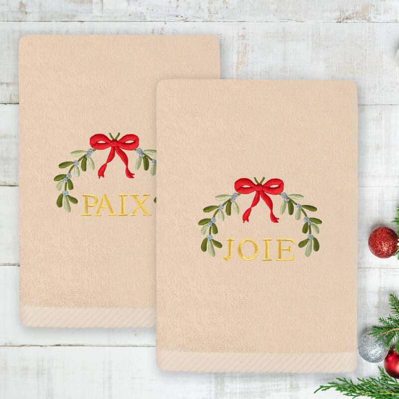 Authentic Hotel and Spa Christmas MISTLETOE PAIX and JOIE Embroidered Luxury 100% Turkish Cotton Hand Towels Set of 2