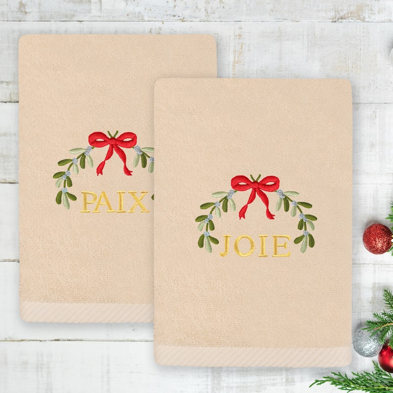 Authentic Hotel and Spa Christmas MISTLETOE PAIX and JOIE Embroidered Luxury 100% Turkish Cotton Hand Towels Set of 2