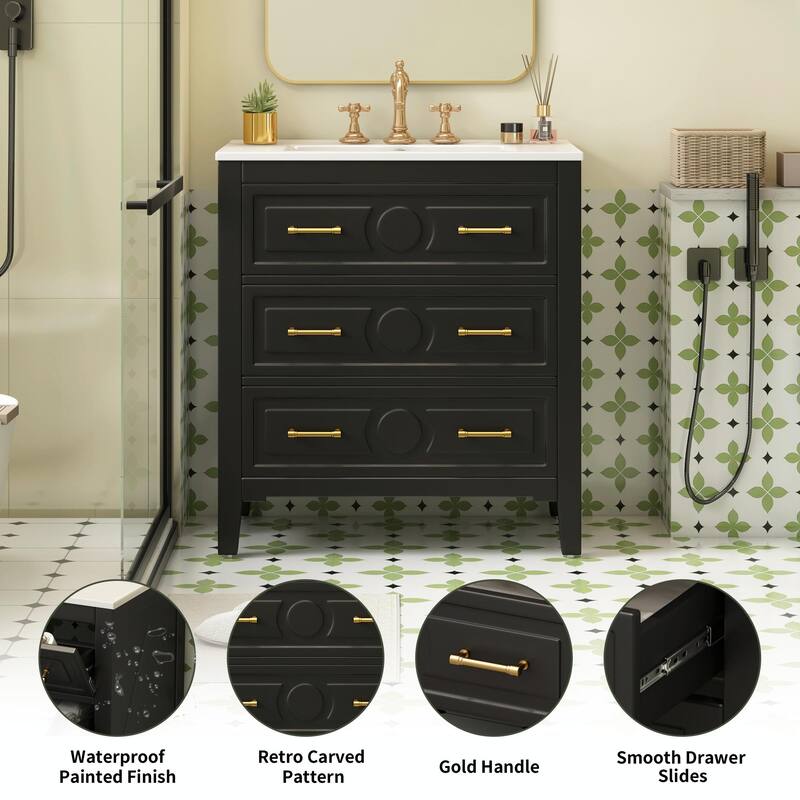 30'' Free Standing Bathroom Vanity Set with Ceramic Sink, 3 Drawers & Solid Wood Frame