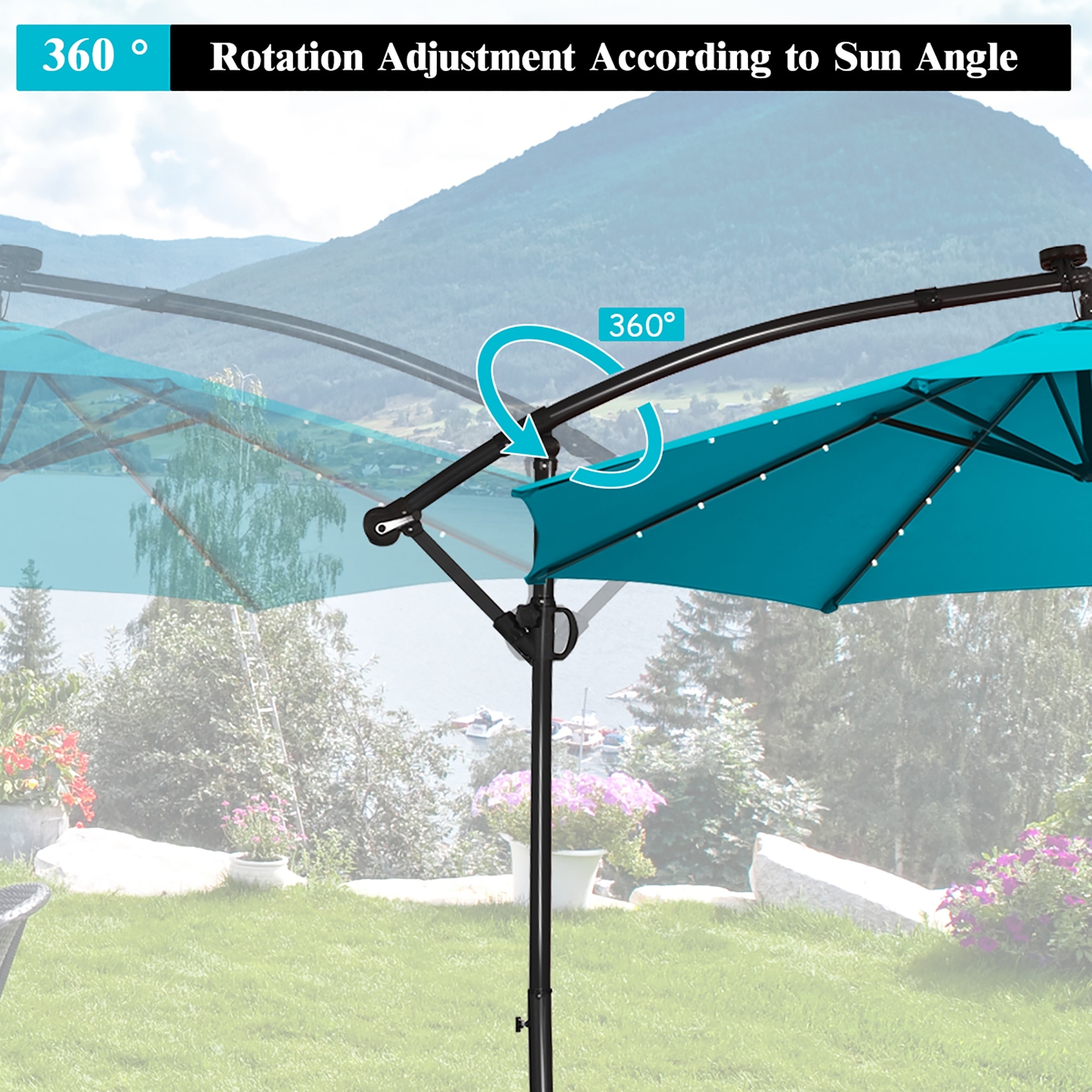 costway 10ft patio offset umbrella solar led 360degrees rotation Tangkula 10 FT Umbrella, Cantilever Outdoor with 360 Degree Rotation, Aluminum Pole, Easy Tilt Adjustment, Crank Handle & Feature 32 LED lights for perfect lighting at the night Powered by solar panels to save energy Powder Costway 10Ft Patio Offset Umbrella