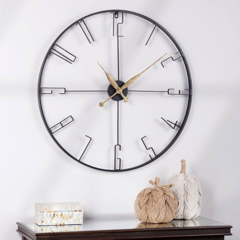 Metal Round Wall Clock - Bronze Accents - Matte Black Finish