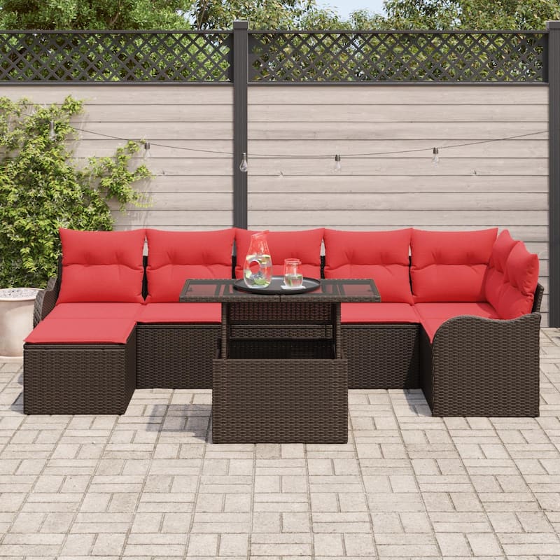 vidaXL 8 Garden Sofa Set with Cushions Black/Brown/Grey Poly Rattan - 113.2 x 48.2 x 27.2