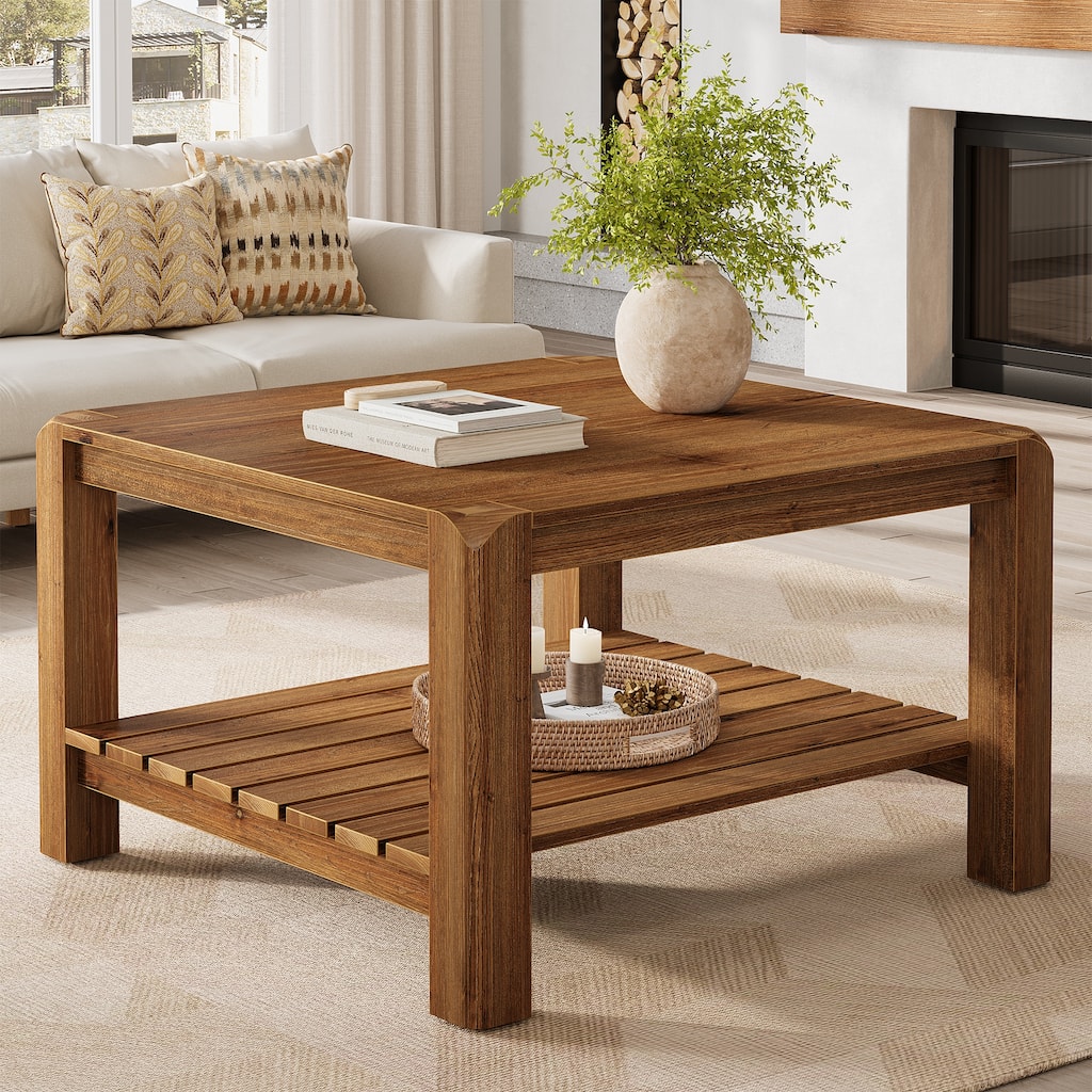 31.5" Solid Wood Coffee Table, 2-Tier Square Center Table