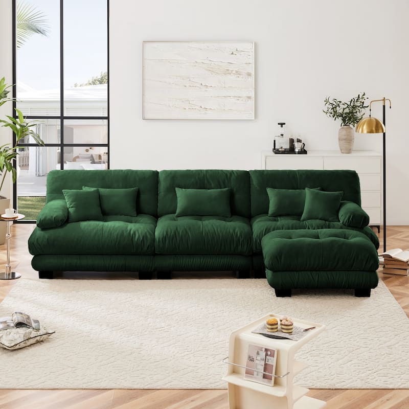 Luxury Chenille Modular Upholstered Sectional Sofa Couch with Convertible Ottoman - Green