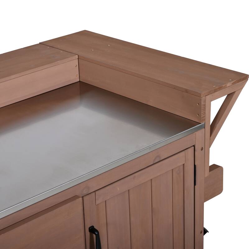 60.2"W Rolling Outdoor Kitchen Island with Wheels and Stainless Steel Top, Wood Grill Cart with Spice Rack&Wine Rack