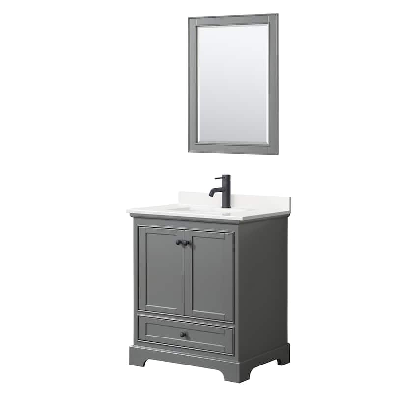 Deborah 30-inch Single Vanity, Quartz Top, 24-inch Mirror - Dark Gray, Black Trim, White Quartz Top