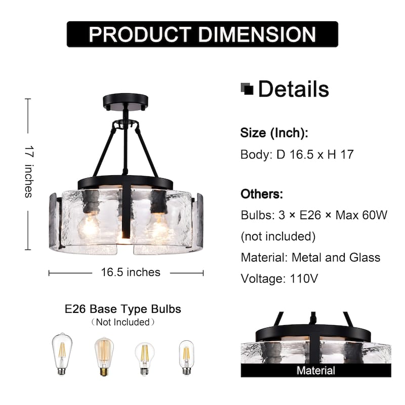 Reina 3-Light Water Textured Glass Panel Drum Semi Flush Mount