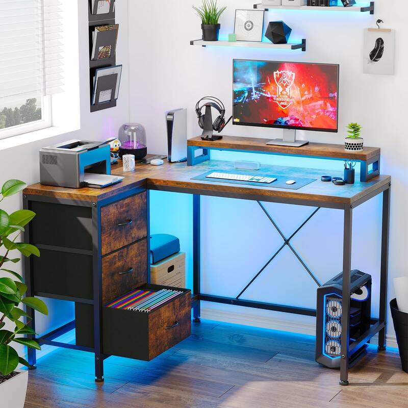 L Shaped Desk with Power Outlets & LED Lights