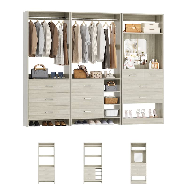 Cimly Set of 3 Closet Organizers with Drawers and Mirror, Freestanding Closet System with Hanging Rods
