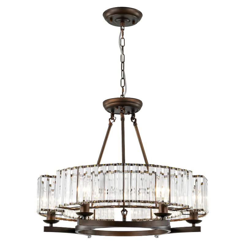 6-Light Mid-Century Modern Aged Bronze Drum Wagon Wheel Chandelier with Crystal Shade - 24.8 in. W x 20.47 in. H