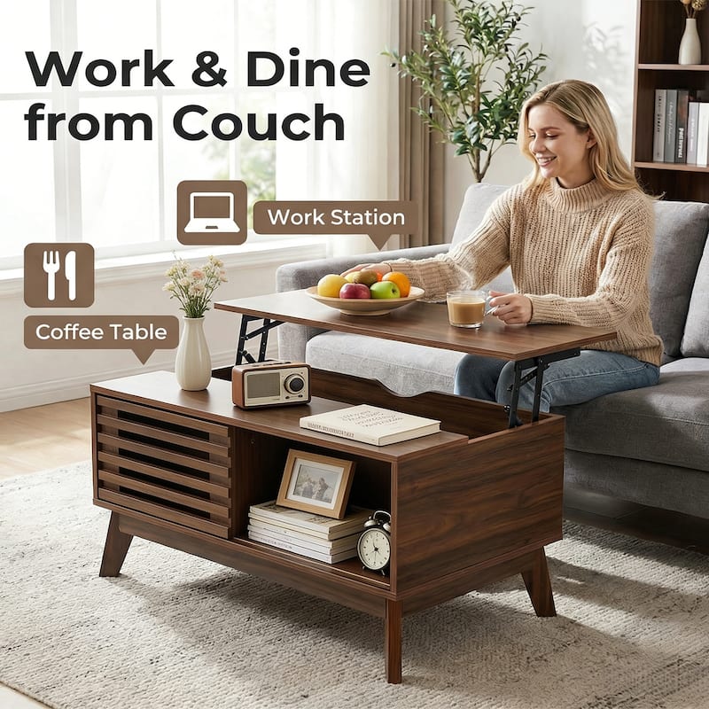 35.4"Lift Top Coffee Table with Storage, Mid Century Modern Coffee Table with Slatted Sliding Door and Hidden Compartment