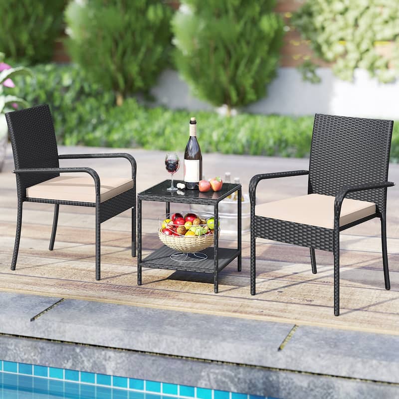 3 Piece Black PE Rattan Patio Set with Metal Frame, Cushions and Glass Table - Chair: 23" x 22.5" x 35"