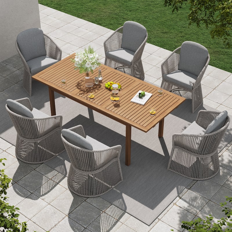 Extendable Wood Outdoor Dining Table Set with 6 PE Wicker Chairs