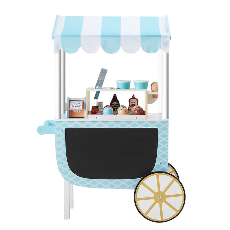 Teamson Kids Wooden Ice Cream Cart Pretend Play Food Set with33 pcs Accessory Set for Toddlers - Blue