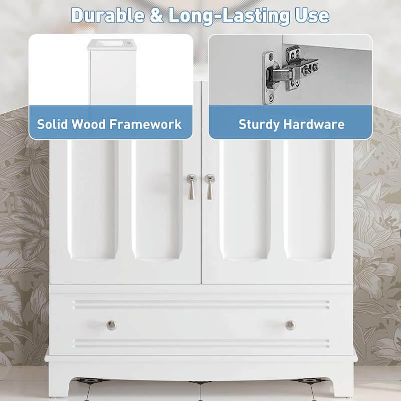 30" Bathroom Vanity with Ceramic Sink - Solid Wood Frame Bathroom Sink Cabinet with Adjustable Shelf