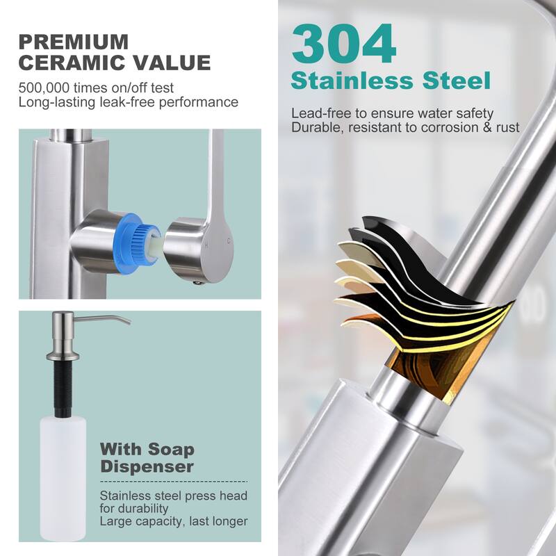 WOWOW 3-Mode Pull Down Sprayer Kitchen Faucet with Soap Dispenser
