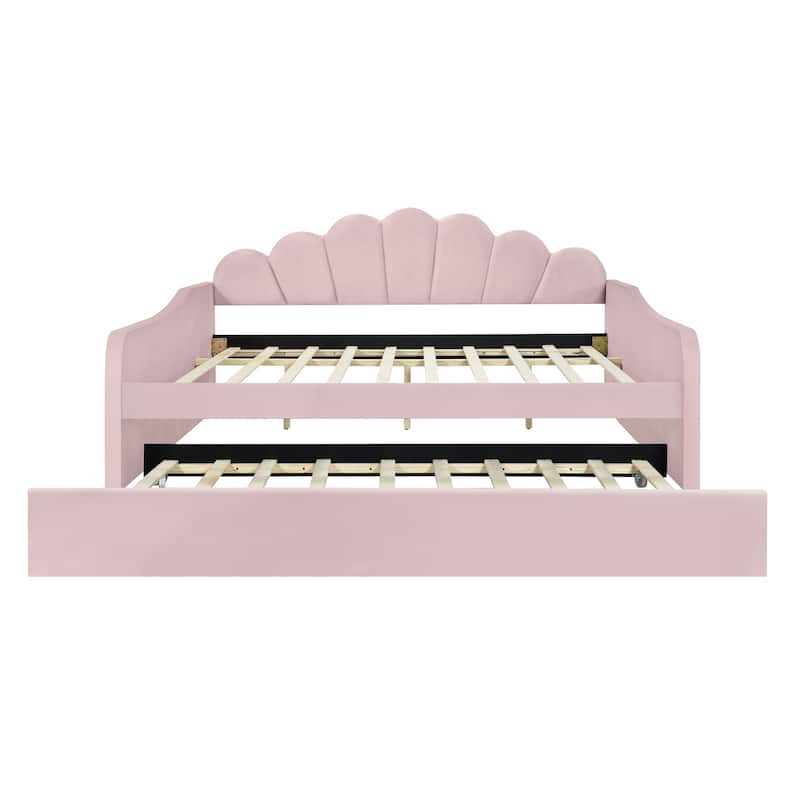 Full Size Upholstery Daybed Frame with Shall Shaped Backrest and Trundle, Beige - Pink