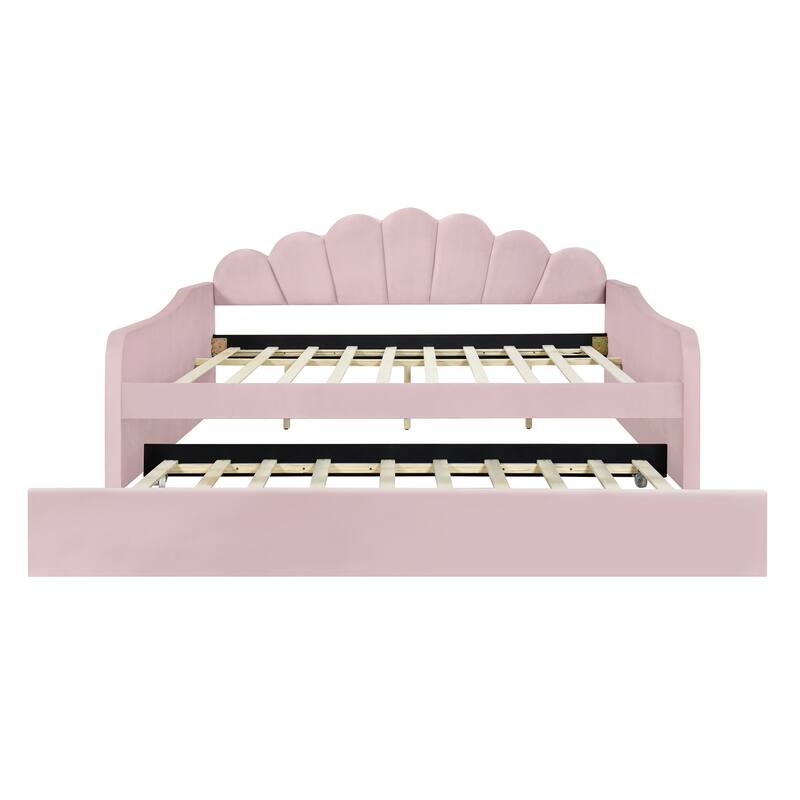Full Size Velvet Upholstery Daybed Frame with Shall Shaped Backrest, Pull-out Trundle Bed with Wood Slat Support