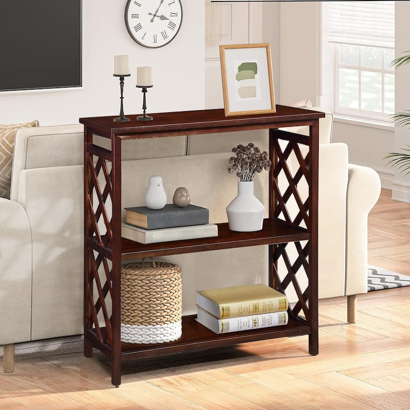 Solid Pine Wood 3 Tier Console Table with Storage Shelves, 31.5" Living Room Entryway Sofa Table with Hollow Decoration
