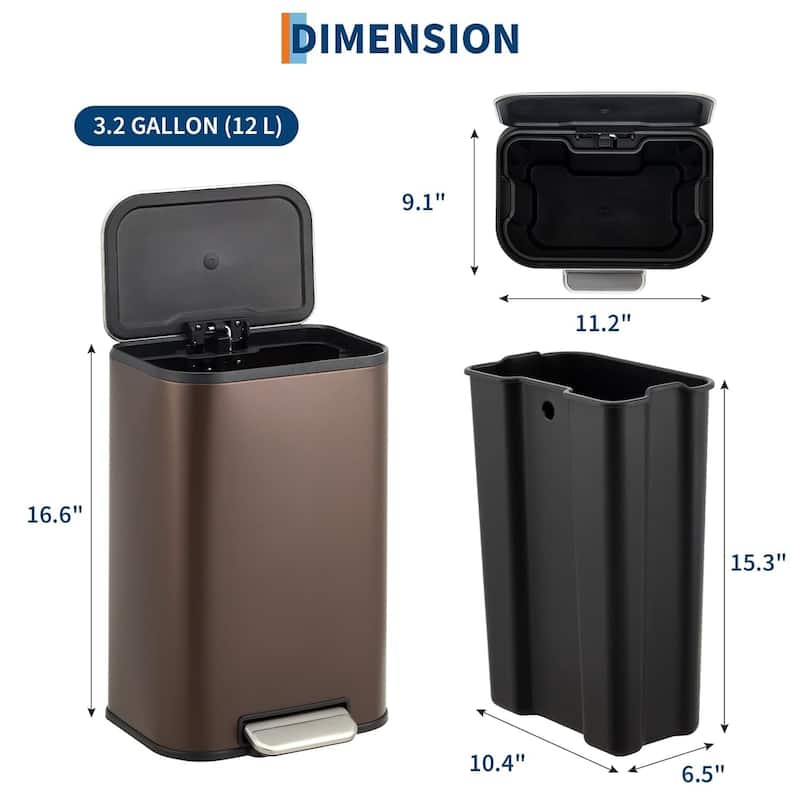 3.2 Gallon Stainless Steel Step Trash Can with Soft Close Lid and Removable Bucket Brown