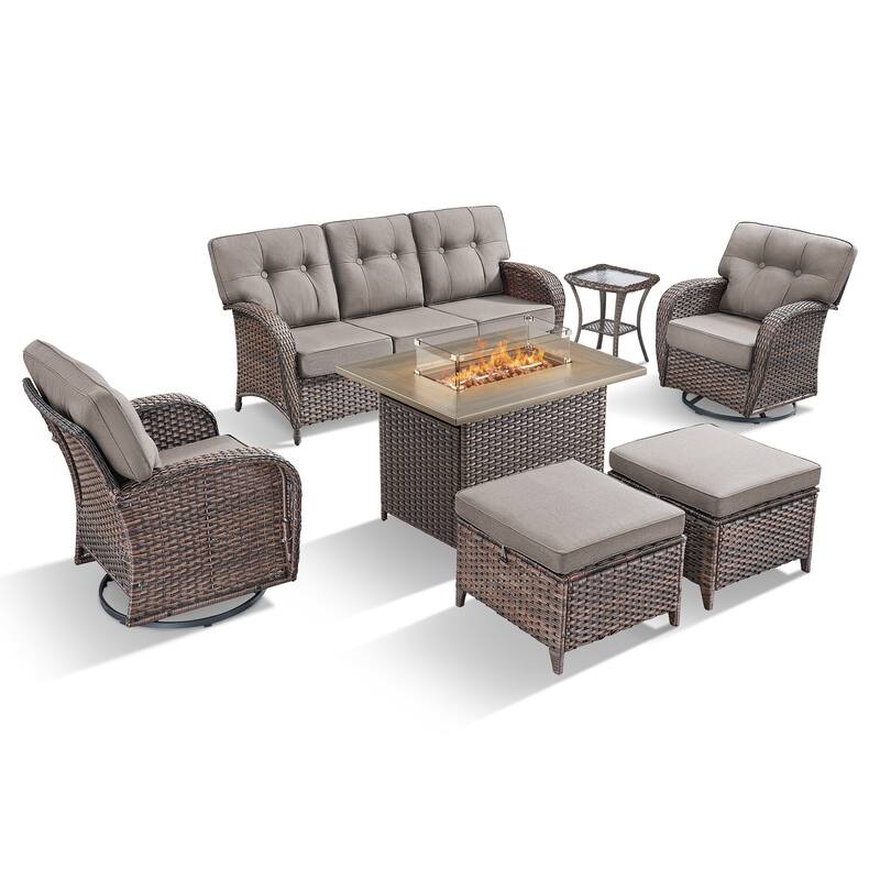 TWrap Wicker Patio Fire Pit Conversation Set with 3-Seat Sofa & Swivel Gliders