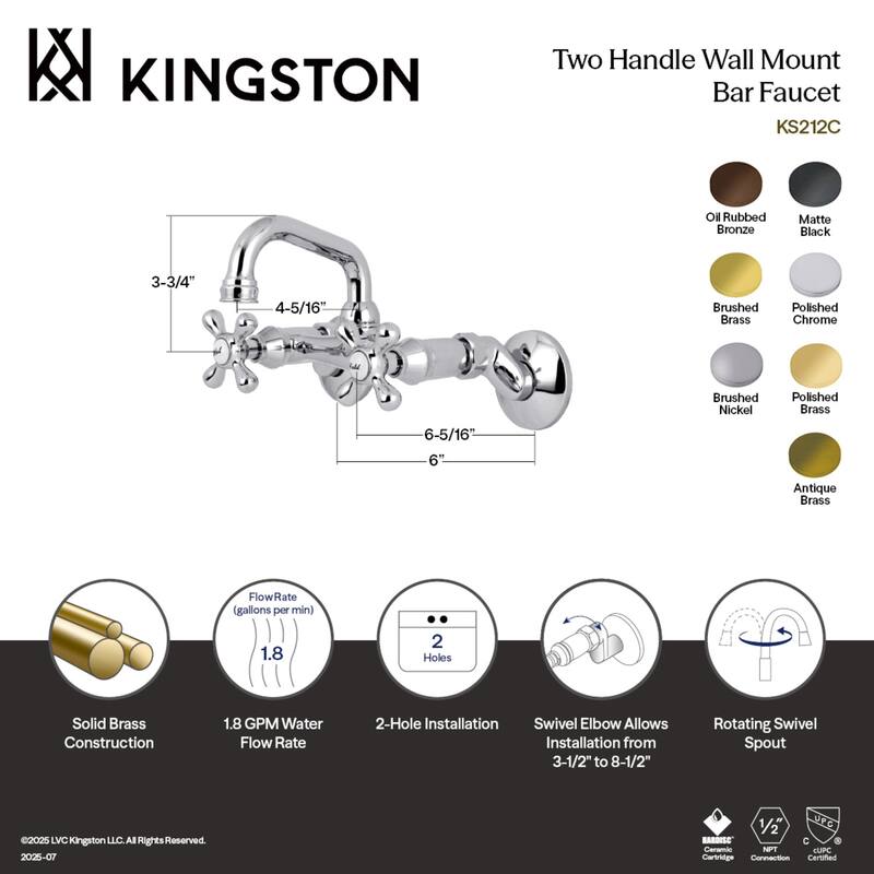 Kingston Brass Two-Handle Wall Mount Bar Faucet