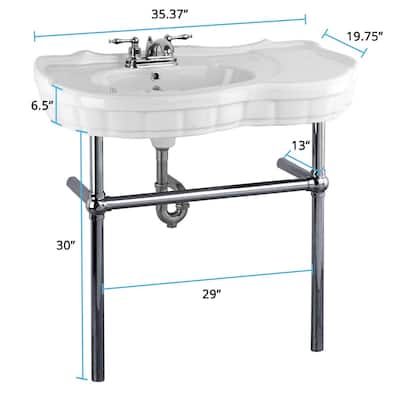 White Ceramic Console Sink Wall Mount with Black Legs, Soap Dish and Faucet Holes Renovators Supply